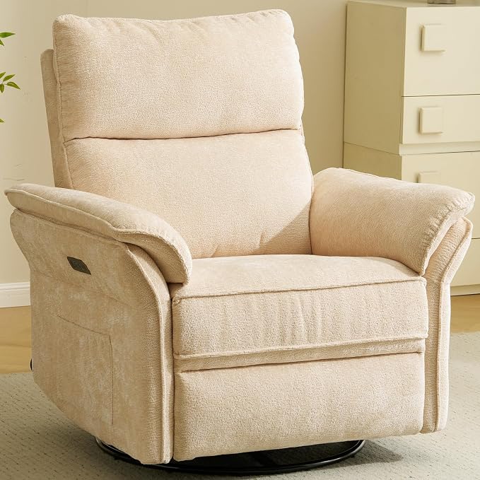 Oversized Power Recliner Chair Swivel Glider with Massage and Heat, Rocker Nursery Recliner for Adults with Adjustable Headrest, 24" Extra Wide Nursery Chair with Overstuffed Armrest,Beige