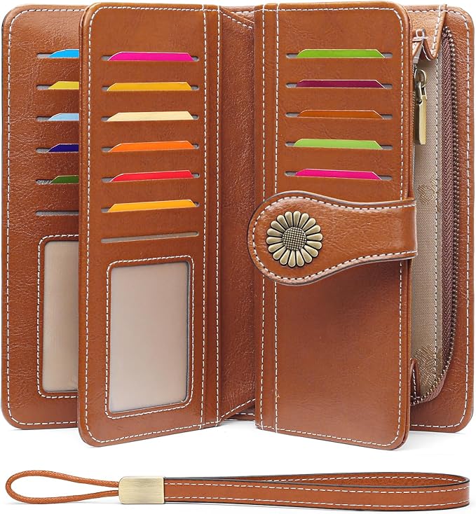 SENDEFN Wallets for Women Leather Credit Card Holder with RFID Blocking Large Capacity Wristlet | with RFID Blocking