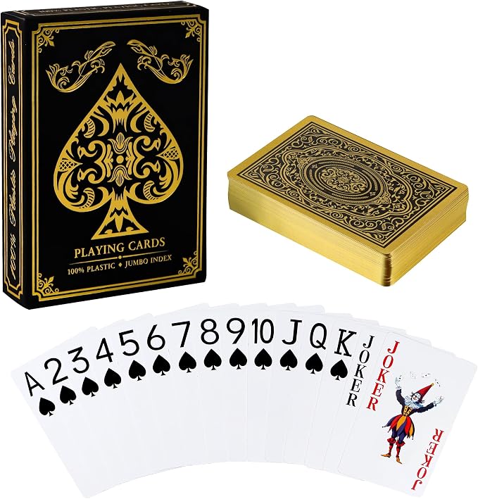 Plastic Playing Cards Waterproof Cards, Deck of Cards, Large Print Playing Cards for Adults Seniors, Premium Poker Card for Blackjack, Euchre, Canasta, Go Fish Card Games (Gold)