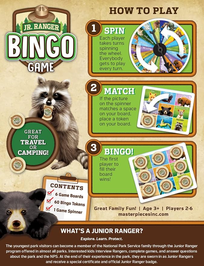 MasterPieces Officially Licensed Games – Jr Ranger Bingo Game - Tabletop Game for Kids & Family