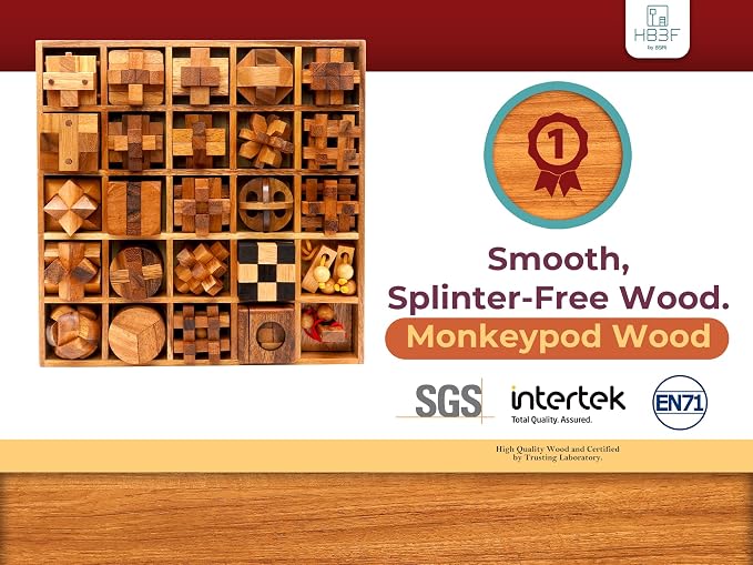 BSIRI 25 in 1 Wooden Brain Teaser Puzzles for Adults and Teens Interlocking 3D Mini Wood Mind Games Hand and Mind Puzzle Teasers Assembly & Disentanglement Set Toys Coffee Table Games Gift