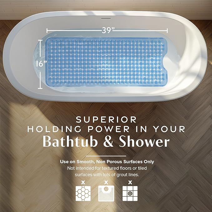 SlipX Solutions Power Grip Bathtub Safety Mat | Precision Grip Technology for Longer, Stronger, & Softer Wet Surface Protection | Clear Light Blue 39"x16"