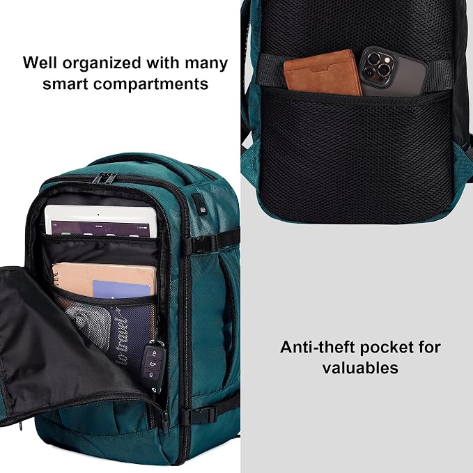 ECOHUB Travel Backpack 18x14x8 Spirit Airlines Personal Item Bag Carry On Backpack 13 Pockets Large Work Casual Daypack for men Airline Approved Waterproof Gym Backpack with Charging Port, Blue Green