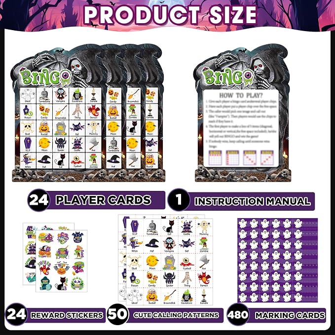 39 Pcs Halloween Party Bingo Game for Adults Kids 24 Players Tomb Shaped Bingo Game Card with Rewards Stickers for Families Friends Students Large Group Gathering Activities Boo Spooky Party Favors