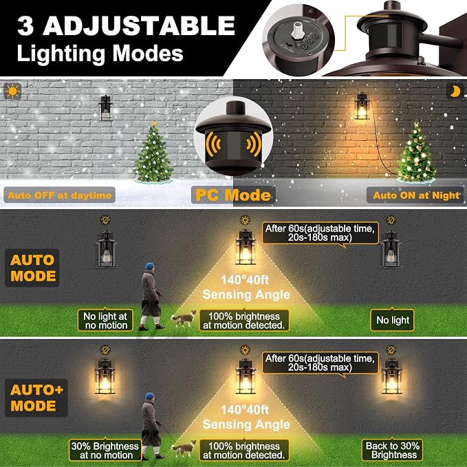 Retro Industrial Brown Outdoor Wall Lights with GFCI Outlet - Dusk to Dawn & Motion Sensor Porch Light, 3 Modes, Waterproof Anti-Rust Exterior Sconce for Porch,Garage, Patio, House