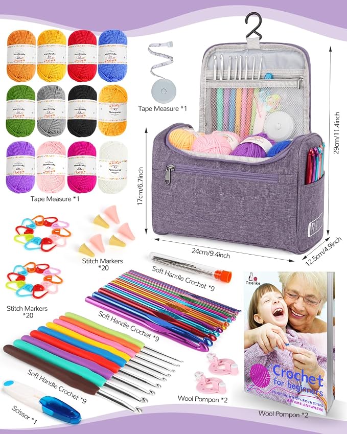 Aeelike Crochet Kit for Beginners Adults Kid, Complete Crochet Kits, Purple | Crochet Kit for Beginners Young and Old, All-inclusive Kit with Crochet Hooks 655 Yards Yarn Instruction Knit Bag, Ideal Gift
