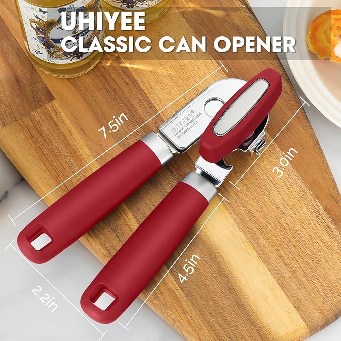 Manual Can Opener, UHIYEE Handheld Can Opener Heavy Duty with High Carbon Sharp Blade, Ease Can Open for Seniors with Comfort Grip Handles, Oversized Turn Knob, Red