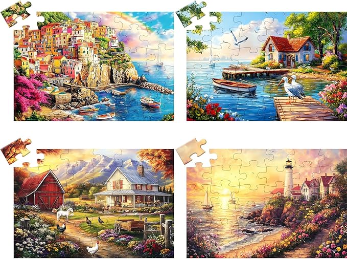 4 Pack 36 Large Piece Puzzle for Seniors Alzheimer Puzzles Dementia Alzheimer's Products Activities for Elderly Adults Lake Farm Easy Jigsaw Puzzle Memory Cognitive Games with 4 Storage Bags