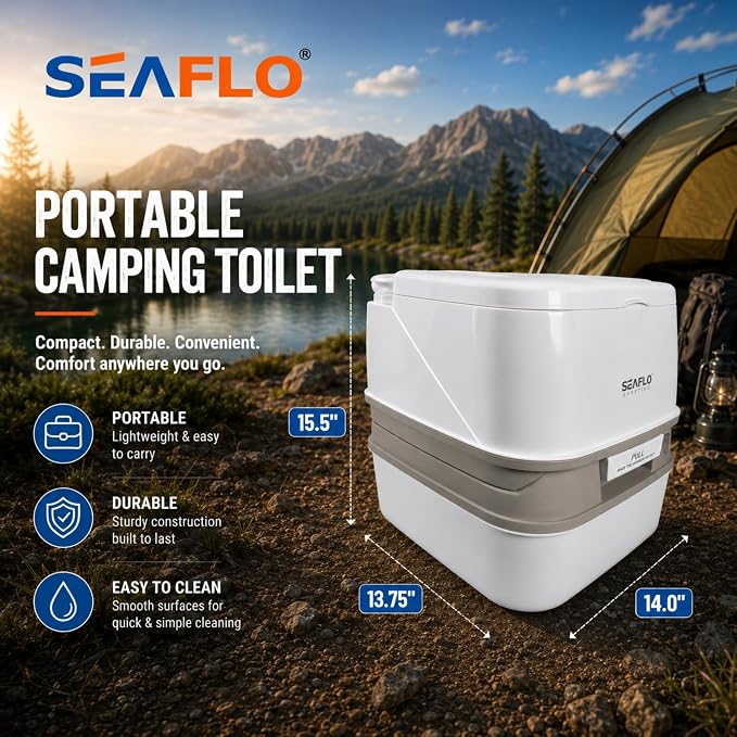 SEAFLO Premium Camping Portable Toilet - 5.8 Gallon Waste 3.43 Gall Fresh Tank (100 Flushes), 440 lbs Max Weight, Level Indicator, Sealed Waste Tank for RV, Boat, Elderly, Off-Grid, 4-Year Warranty