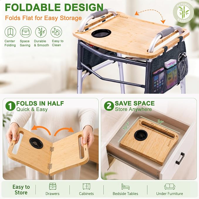 Walker Tray Table with Side Pockets & Cup Holder for Folding Walkers, Foldable Bamboo Walker Tray for Seniors, Stable Walker Accessories with Raised Edges for Meals, Drinks, Reading &Daily Living