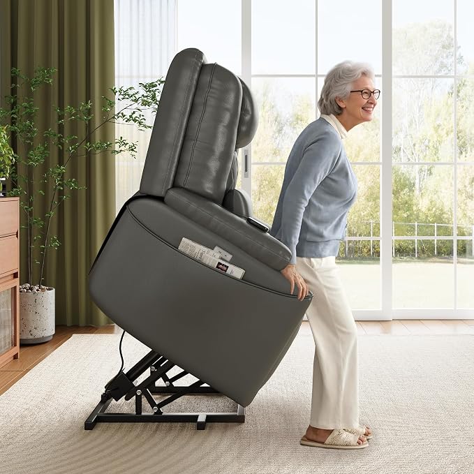Power Lift Recliner Chair, Sofa with Stand Assist for Seniors, 3-Position Adjustable Recline, USB Charging Ports, Side Storage Pockets, 2 Cup Holders, and Remote Control, Living Room, Grey