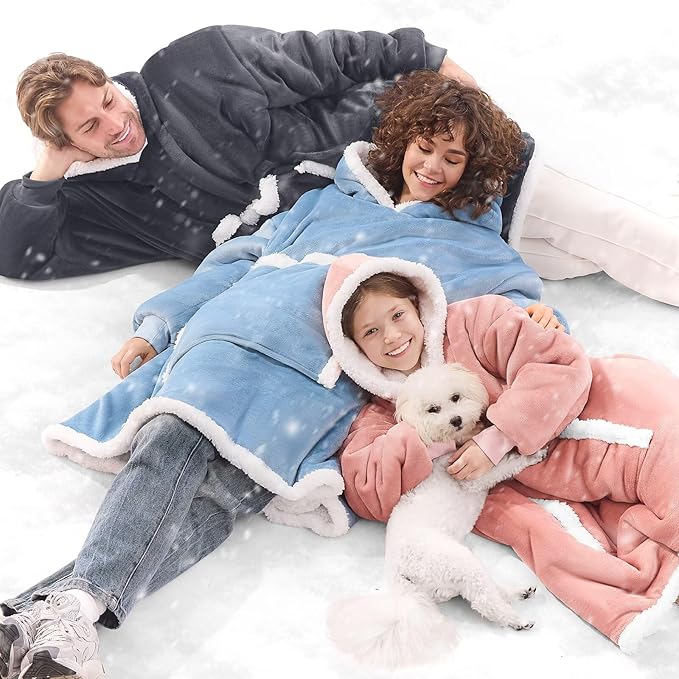 JOYWOO Wearable Blanket Hoodie,Oversized Cat Lovers Sweatshirt Blanket for Adult, Birthday Gifts for Women,Mom,Friend,Cozy Sherpa Hooded Blanket with Giant Pocket and Winter Gifts,Denim blue Standard