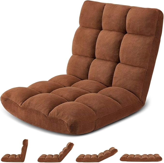 Folding Floor Gaming Chair 14-Poistion Cushioned Adjustable Floor Lazy Sofa Chair w/Breathable Cotton & Skin-Friendly Flannel for Adults & Kids Perfect for Reading Gaming Meditating, Brown