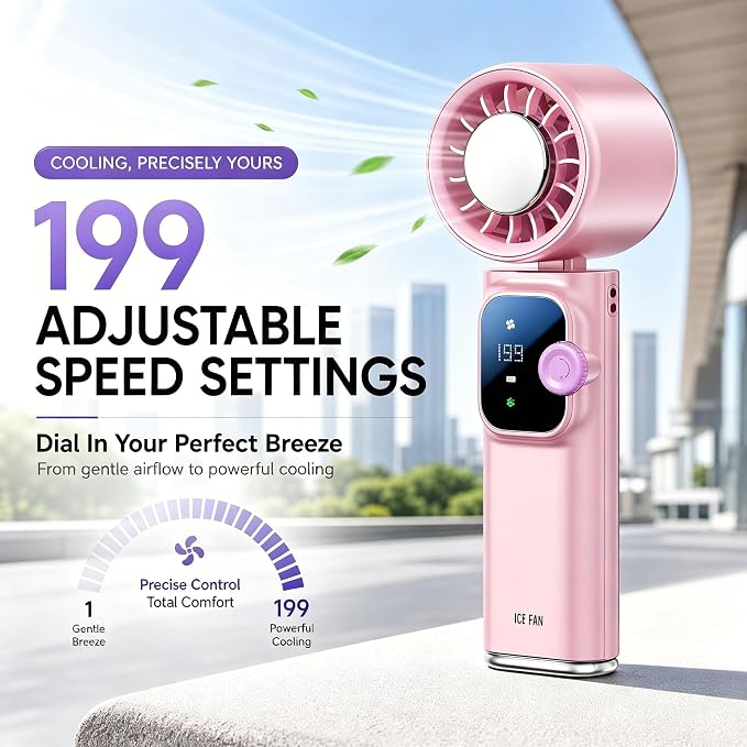 Portable Handheld Fan with Ice Cooling Personal Rechargeable Mini Neck Fan | 20000RPM,199-Speed 4000mAh Battery Powered up to 15hrs with LED Display for Travel, Camping & Outdoor, Pink