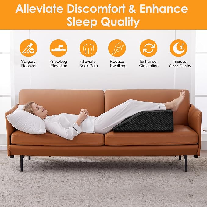 Ruqmuis Leg Elevation Pillow for After Surgery, 10inch Foam Leg Elevating Pillow for Swelling and Blood Circulation, Leg Wedge Pillow for Sleeping, Knee Pillow for Knee Hip Ankle Pain Relief, Black