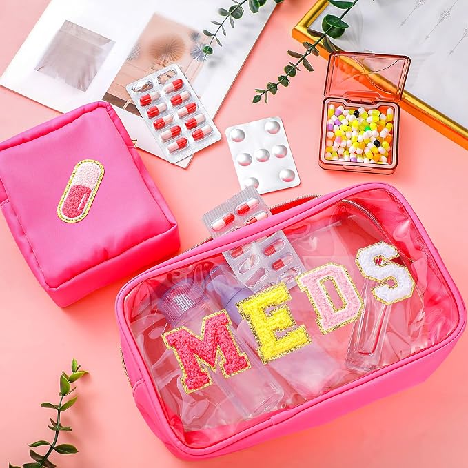 Hillban 2 Pcs Medicine Bag Chenille Letter Patch Meds Bags Travel Cases Preppy Clear Nylon Portable Makeup Bags Zipper Cosmetic Toiletry Storage for Women PVC Transparent Mini First Aid Bag(Lovely)