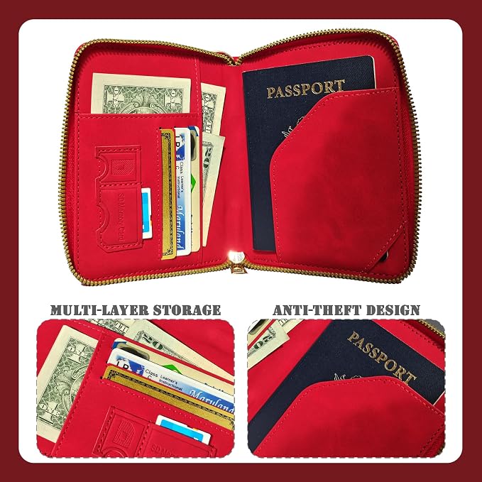 Passport Holder with Tether and Carabiner Clip to Prevent Loss and Theft, Rfid Passport Holder for Travel, Passport Cover, Wallet & Case for Men and Women (Red - Tether and Carabiner)
