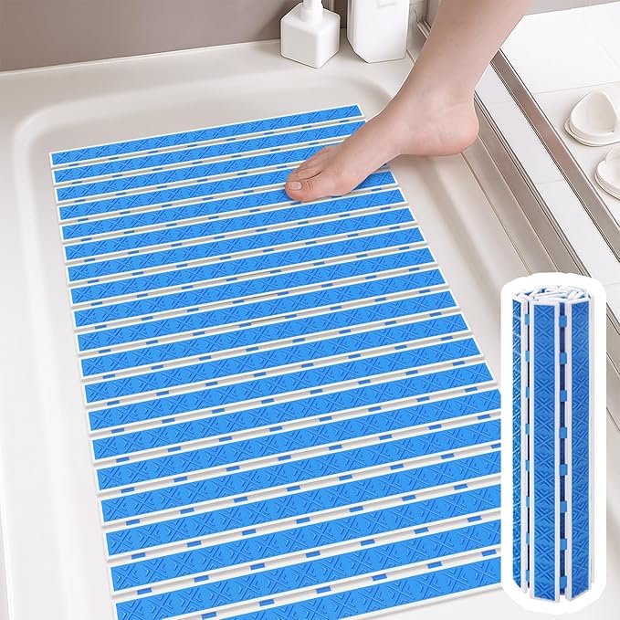 Non Slip Rubber Bathtub & Shower Mat - Fast Drain & Upright Drying Design, Strong Suction Cups, Structured Textured Surface, Low-Maintenance Bathroom Safety Mat, 27 x 16 Inch, Navy Blue, Matace