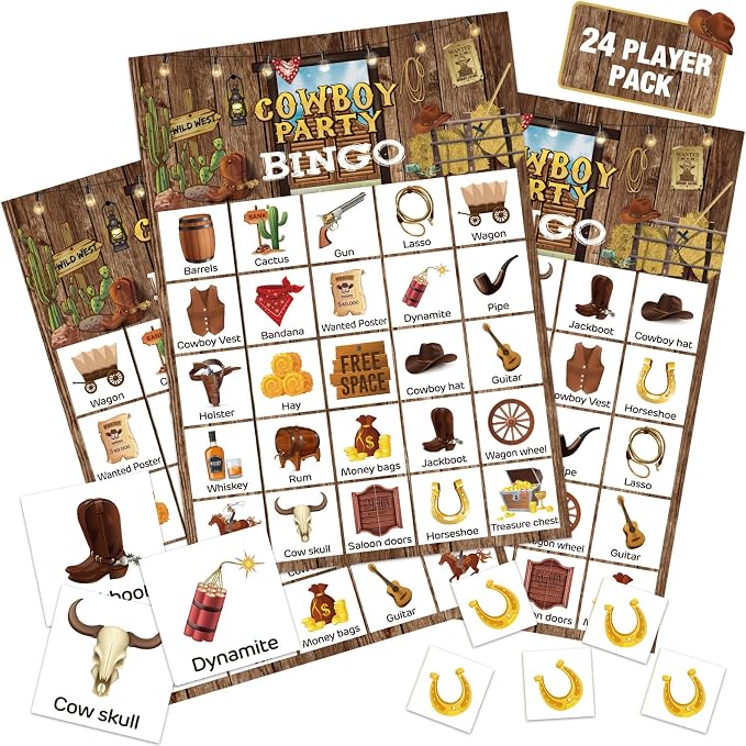 Liliful 35 Pcs Western Bingo Cards 24 Players Bingo Games Wild West Party Games for Kids Boys Girls Adults Family Classroom Activity Birthday Baby Shower Party Favors Supplies(Cowboy)