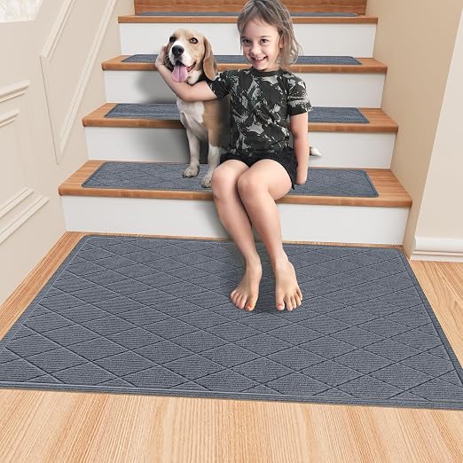 Stair Treads with Landing Rug for Wooden Steps Indoor, Peel and Stick Stair Treads Matching-Mat 20"X32" Stair Landing Slip Resistant Polyester Stair Rugs Non Slip for Seniors and Dogs,Grey Blue