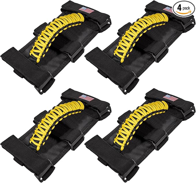 4 x Roll Bar Grab Handles Grip Handle for Jeep Wrangler JK JKU JL JLU TJ YJ Sport Sahara Freedom Rubicon Unlimited Gladiator JT 1955-2023 UTV ATV Premium Paracord Interior Accessories US Flag (Yellow)