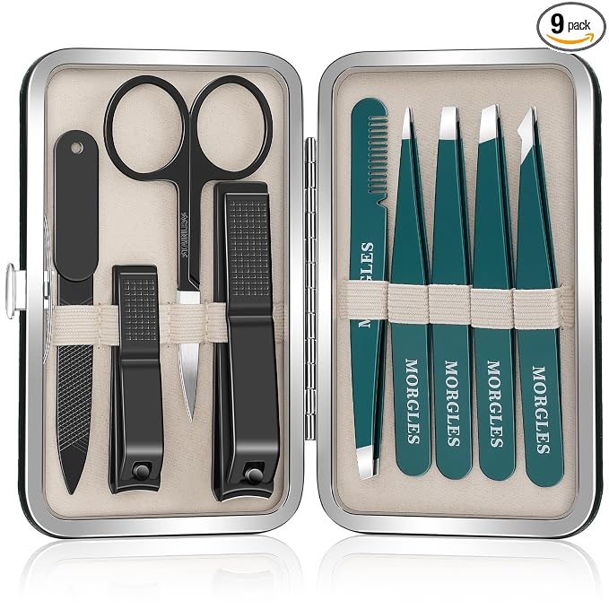 MORGLES Tweezers Set 9 Pcs Nail Clipper Kit with Case for Eyebrows Grooming | 5 Tweezers, Clippers, Scissors, Rust-Proof Steel, Travel Press-On Case, Gift for Him/Her, for Splinters, Brows, Facial Hair
