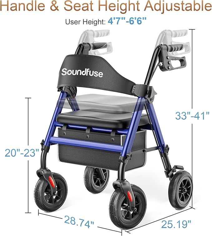 Rollator Walkers for Seniors with Seat, Foldable Lightweight Rolling Walker with 8" Big PU Wheels, Ergonomic Seat, Dual Height Adjustment
