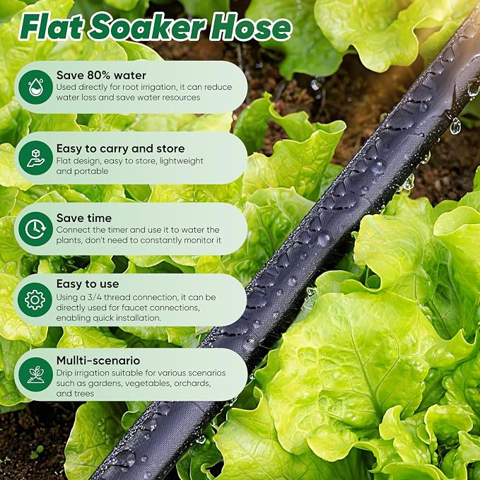Garden Hose 50 ft, Leakproof Design Soaker Hose, Water Hose With Drip Irrigation System, 1/2 Linkable Consistent Drip Irrigation Hoses, Save 80% of Water for Garden, Farm, Orchard Plantation