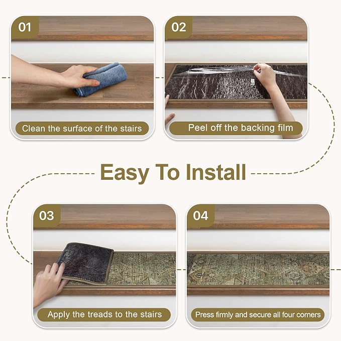sarben 8"x30" Non Slip Stair Treads for Wooden Steps 15Pk,Dark Green Brown | Peel and Stick Carpet Stair Runner with TPE Adhesive Backing, Carpet for Added Safety, Pet and Senior Friendly