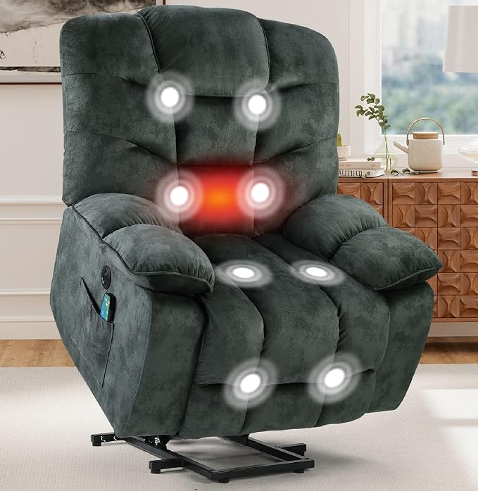 HAOMARKETS Oversized Power Lift Recliner with Massage and Heat for Elderly, Electric Lifting Reclining Chair with Side Pockets and USB Port for Living Room, Dark Green