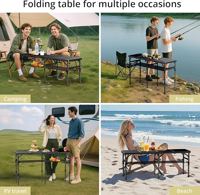 Anbte 4-Fold Camping Table, 3 Adjustable Height Max 27.5”, 46” X 16”, Black | with Storage Net, 4ft Aluminum Portable Camping Table, Lightweight, For Picnic Beach Outdoor Indoor RV Travel Tailgate