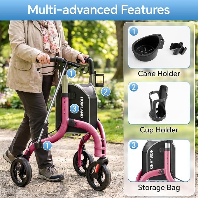 HOMLAND Foldable 3 Wheel Walkers for Seniors, Lightweight 10.4 lbs | with Cane & Cup Holder, Height Adjustable, 8'' big wheel, Ruby Red