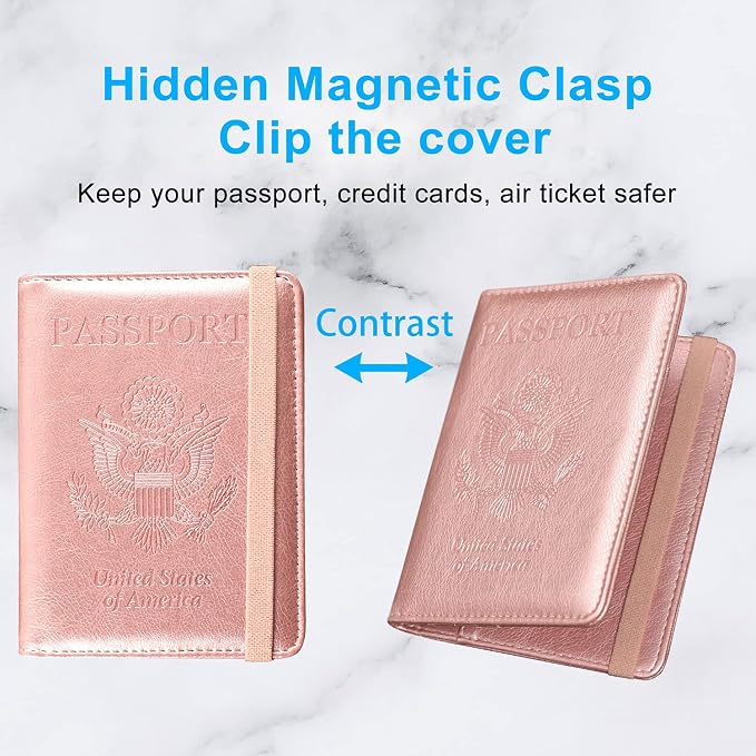 ACdream Passport Holder Cover, Leather Travel Wallet Case, RFID Blocking Document Organizer Protecrtor, with Slots for Credit Cards, Boarding Pass, for Women and Men, Rose Gold