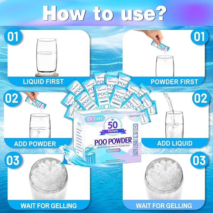 Poo Powder for Portable Toilet Gel Powder, Camping Toilet Gel | Pee Powder, Eco Toilet Gel for 650ml Urine/10g, Toilet Gel Powder for Outdoor Camping and Hiking