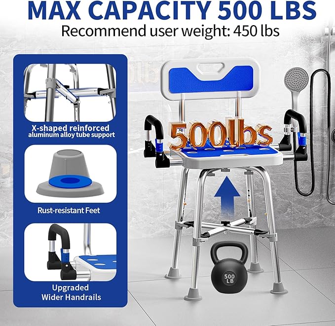 Shower Chair for Seniors Elderly Handicap Disabled Or Bariatric Adults, Heavy Duty 500 Lbs,Bench Seat for Inside Shower Stall and Bathroom Bath Tub with Arms and Back Adjustable Stool Chairs