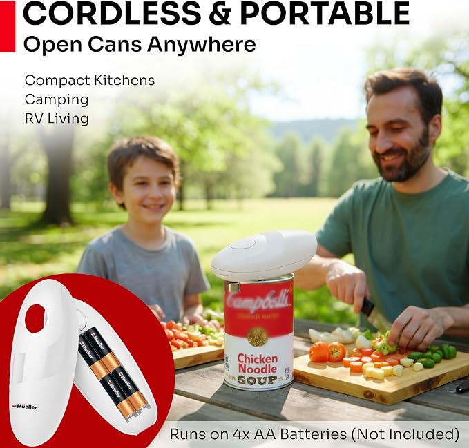 MUELLER HOME SmoothEdge Auto Electric Can Opener – Battery‑Operated One‑Touch w Magnet Lid Lifter, Smooth‑Edge Cut Technology – Portable Hands‑Free Automatic Can Opener for Seniors & Arthritis, White | Battery-Operated, One-Touch w Magnet Lid Lifter, S...
