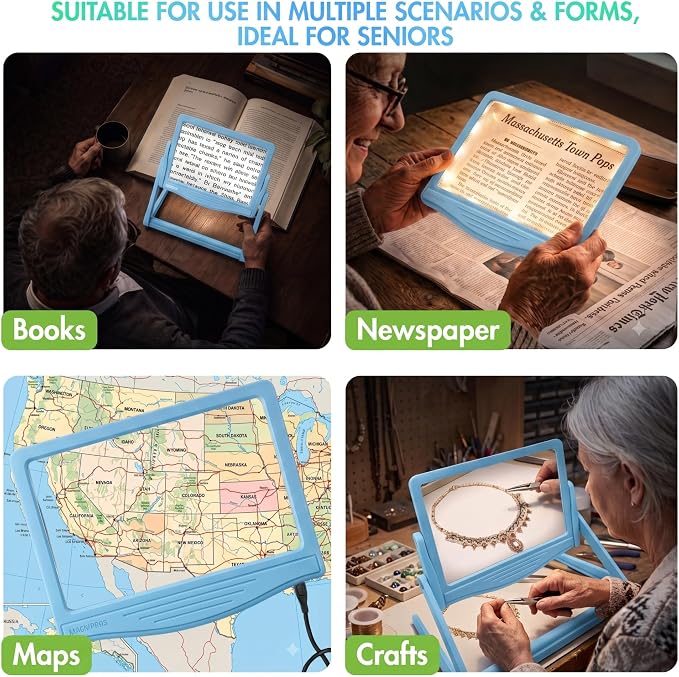 MAGNIPROS 5X Rechargeable LED Page Magnifier with Foldable Stand, Hands-Free Lighted Magnifier with 3 Color Modes, Anti-Glare Lens for Reading Small Print, Low Vision, Seniors, Crafts