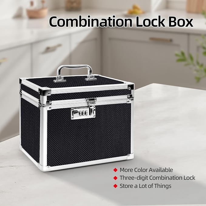 Medication Combination Lock Boxes with Code for Personal Items, Medicine Lockbox for Documents 10 x 7.25 x 7.75 Inches Black