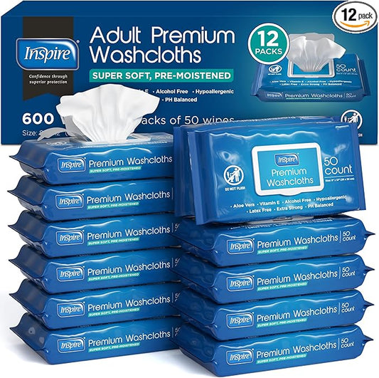 Inspire Adult Wet Wipes, Wash Cloths | Adult Wipes for Incontinence & Cleansing for Elderly, 8"x12" Count 12 packs of 50