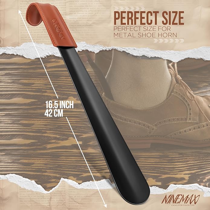 NINEMAX Shoe Horn, Long Handle for Seniors | Metal Build, Easy Shoe Wearing, No Bending, Ideal for Boots, Sneakers and Everyday Use