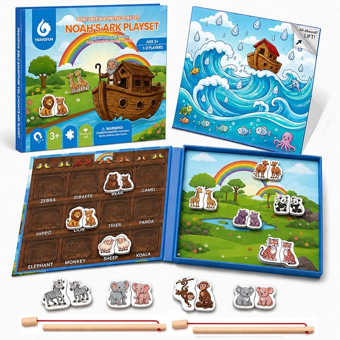 Travofun Magnetic Travel Games, Travel Toys for Toddlers 3-5, Noah's Ark | Magnetic fishing game plus matching, spelling, and story play; a quiet travel toy for toddlers 3-5 on car rides and planes.