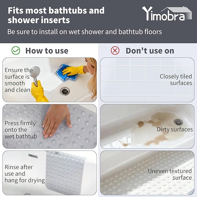 Yimobra Non Slip Bathtub Mat 40"x16", Super Strong Suction Cups, Extra Long Shower Mat with Drain Holes, Machine Washable Fast Draining Bathroom Floor Mat, Clear Grey