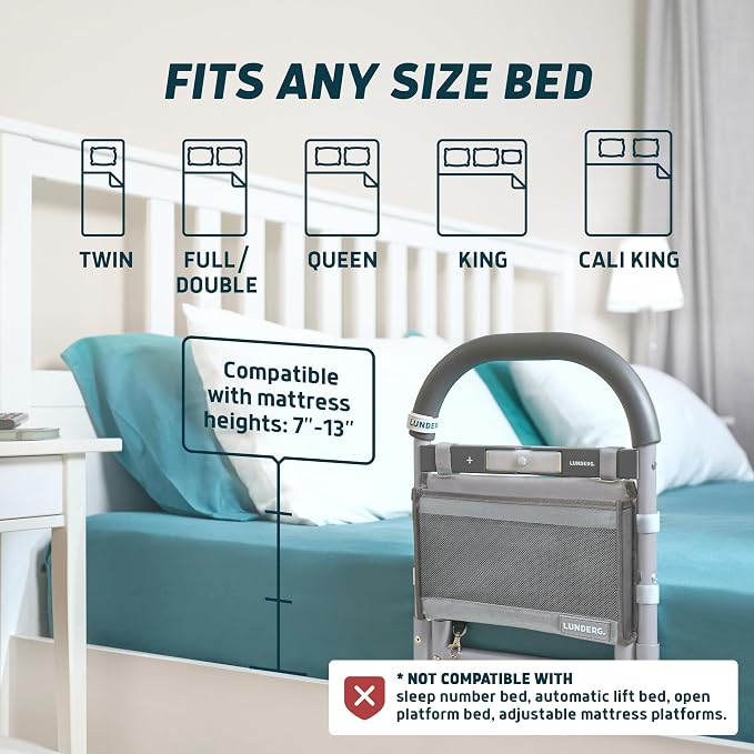 Lunderg Bed Assist Rail for Seniors - with Motion Light & Storage Pocket | Easy to Install Bed Rails for Elderly Adults Safety & Post-Surgery - Helps Reduce Falls & Support Independence