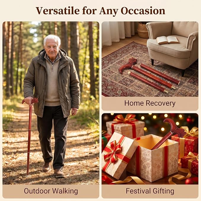 Handcrafted Solid Wood Walking Cane, 3-Section Detachable Brass Joints, Heavy Duty 400+ lbs Support, Lightweight 0.88 lbs, Anti-Slip Rubber Tip, 34.6 in