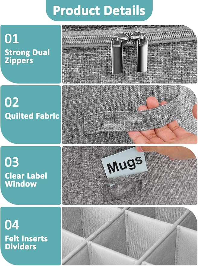 Cirhy Mug Storage Organizer, Hard Shell Coffee & Teacup Storage Box with 12 Padded Compartments, Stackable Portable Cup Storage Organizer for Holiday, Seasonal & Moving Use, 2-Pack, Grey