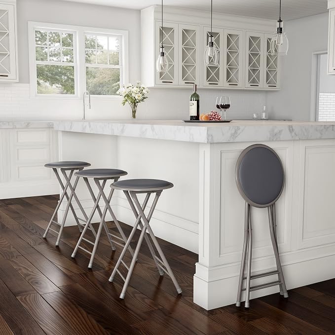 Lavish Home Folding Stool with Padded Backless Seat Set of 4, Gray, 24” | Counter Height Bar Stools with 225lb Capacity, Portable Indoor & Outdoor, Extra Seat for Kitchen, Rec Room or Camping