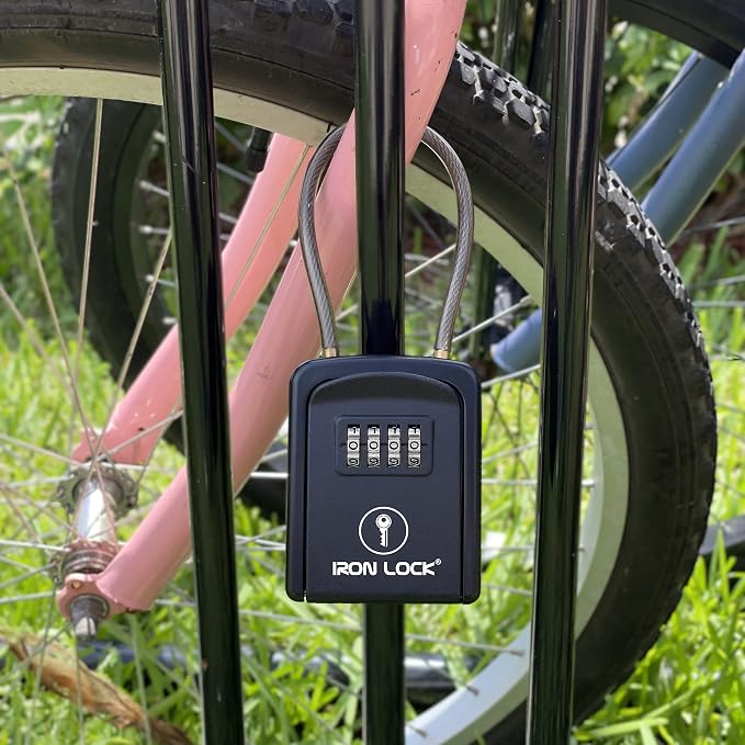 Iron Lock® Key Lock Box with Code, Portable Cable Shackle (Small, Black) | Holds 2-3 house keys or an access card; 11-in steel cable loops on gate or rail; weather-resistant; no app or battery