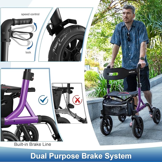 Walkers for Seniors, Rollator Walker with Seat, 12" Big Rubber Wheels All Terrain Rollator Walker with Backrest, Built-in Cable, Cup Holder, Foldable and Height Adjustment for Seniors, Purple