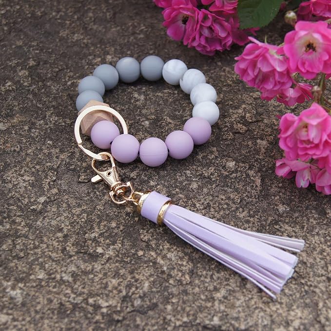 BAOSIWA Silicone Beaded Bracelet Keychain Wristlet Key Ring Bangle Chains for Women with Leather Tassel