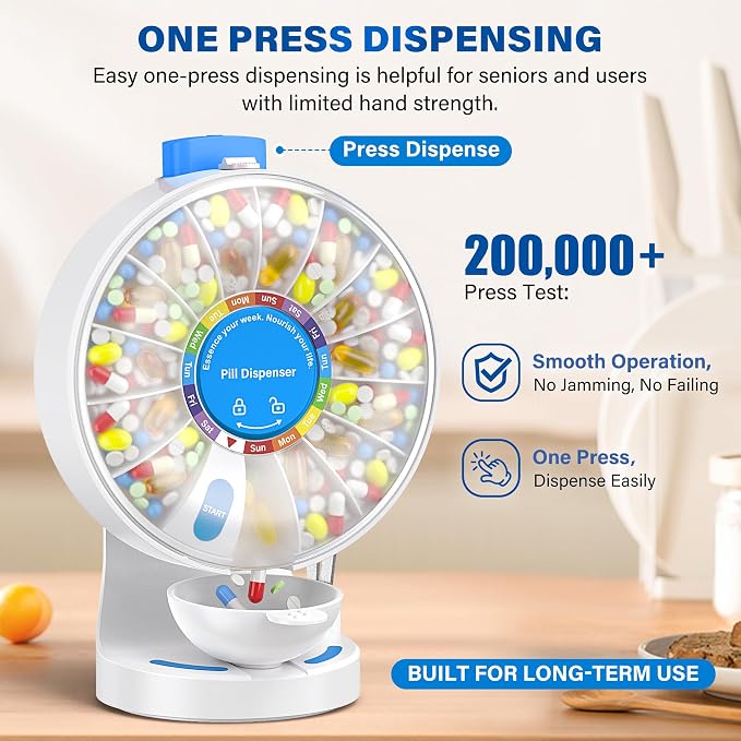 200000 Push Button Test Weekly (14 Days) Large Pill Dispenser Organizer | One Push Button, Magnetic Medicine Bowl, Child Lock, Wall-Mounted, Standing Use, for Vitamin, Medicine, Elderly, Pet Green